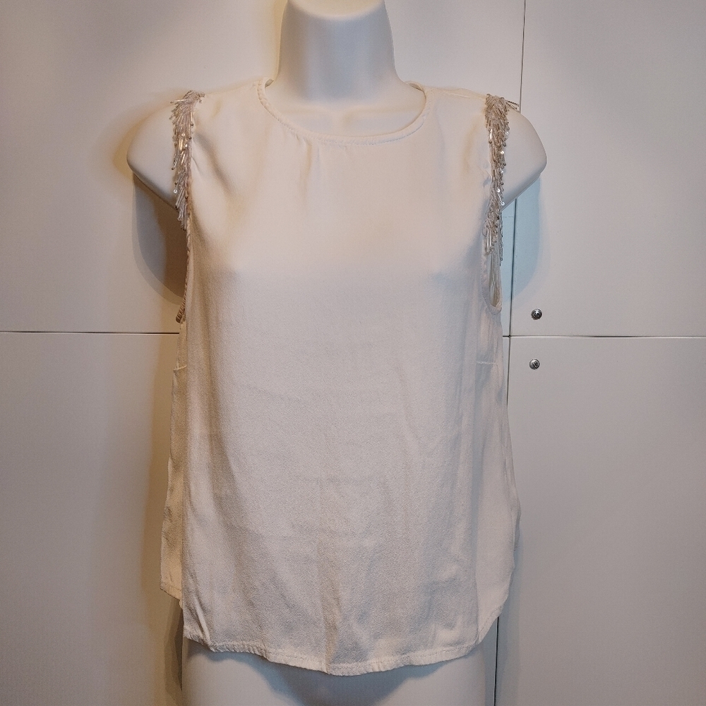 BB Dakota White Beaded Sleeveless Blouse | Keyhole Back Boho Top Size M